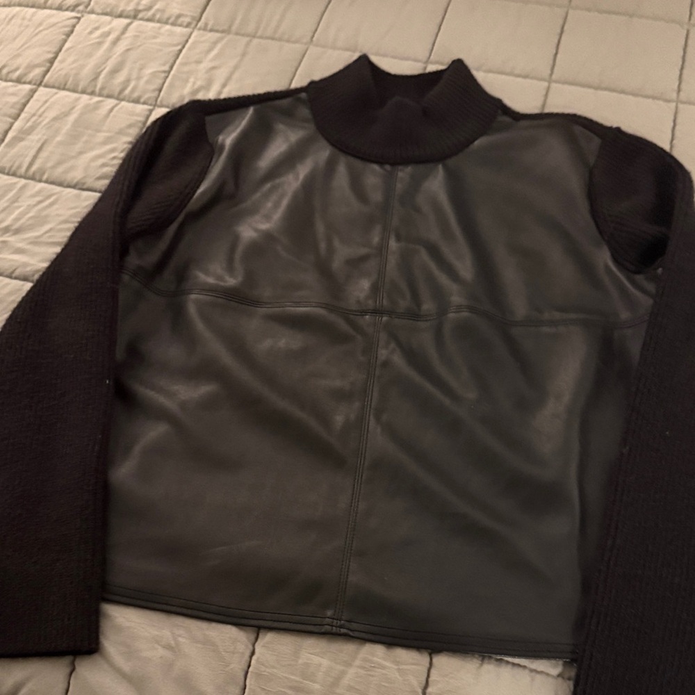 Ann Taylor Black Leather and Knit Turtleneck Sweater